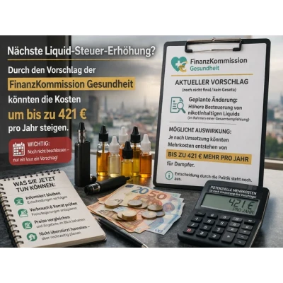 Liquid-Steuer: Die verschärfte Erhöhung ist vom Tisch – der Regierungsentwurf bleibt bei einem Cent pro Jahr - Tabaksteuer-Erhöhung 2027☀ Liquid steigt auf 0,33 €/ml 