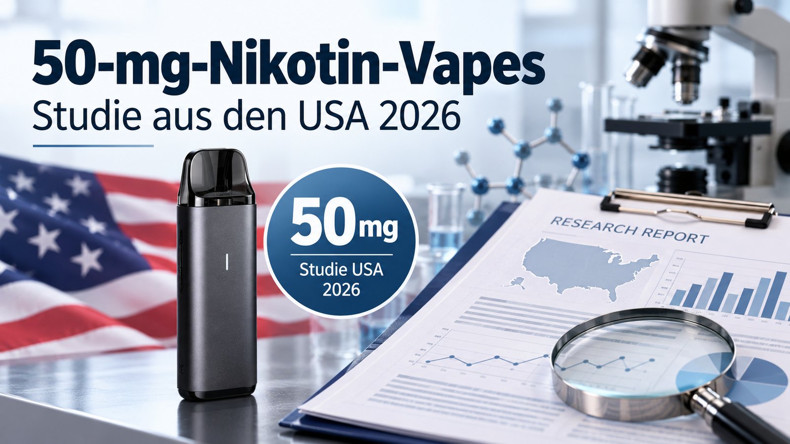 Pod-E-Zigarette vor US-Flagge neben einem Forschungsbericht mit Lupe und dem Label „50 mg – Studie USA 2026“; Überschrift „50-mg-Nikotin-Vapes – Studie aus den USA 2026“