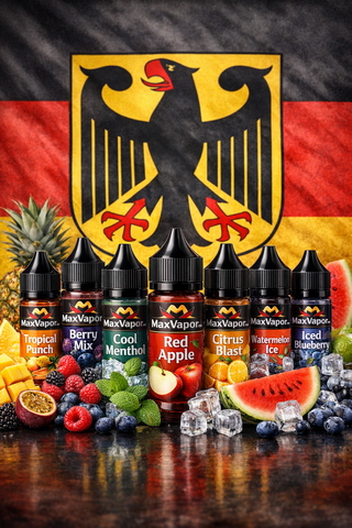 Verschiedene E-Liquid-Flaschen mit Frucht- und Mentholaromen vor dem Hintergrund des Bundesadlers
