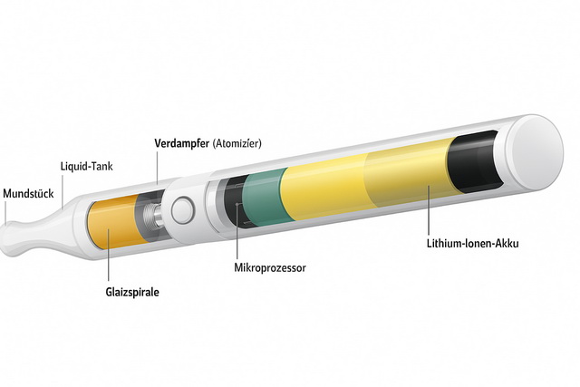 Aufbau einer E-Zigarette mit Akku, Verdampfer und Tank