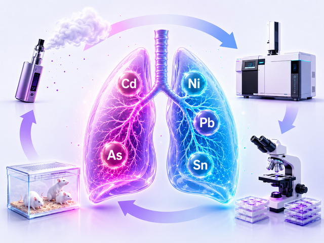 Schematische Darstellung: Lunge mit markierten Metallen Cd, Ni, Pb, Sn, As neben E-Zigarette, Massenspektrometer und Mikroskop – Übersicht zur Metallforschung an E-Zigaretten-Aerosol