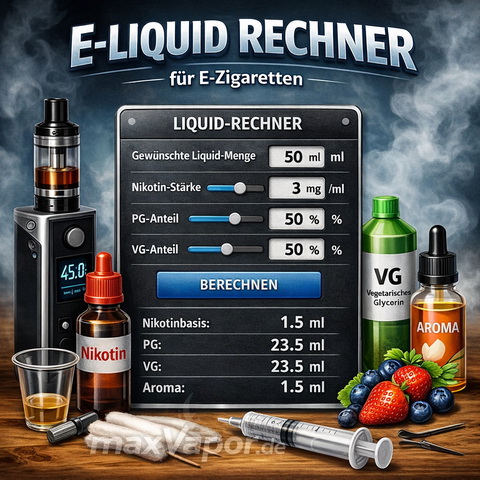 Liquid-Rechner für E-Zigaretten: Base, Aroma und Nikotinshot werden zu fertigem E-Liquid gemischt