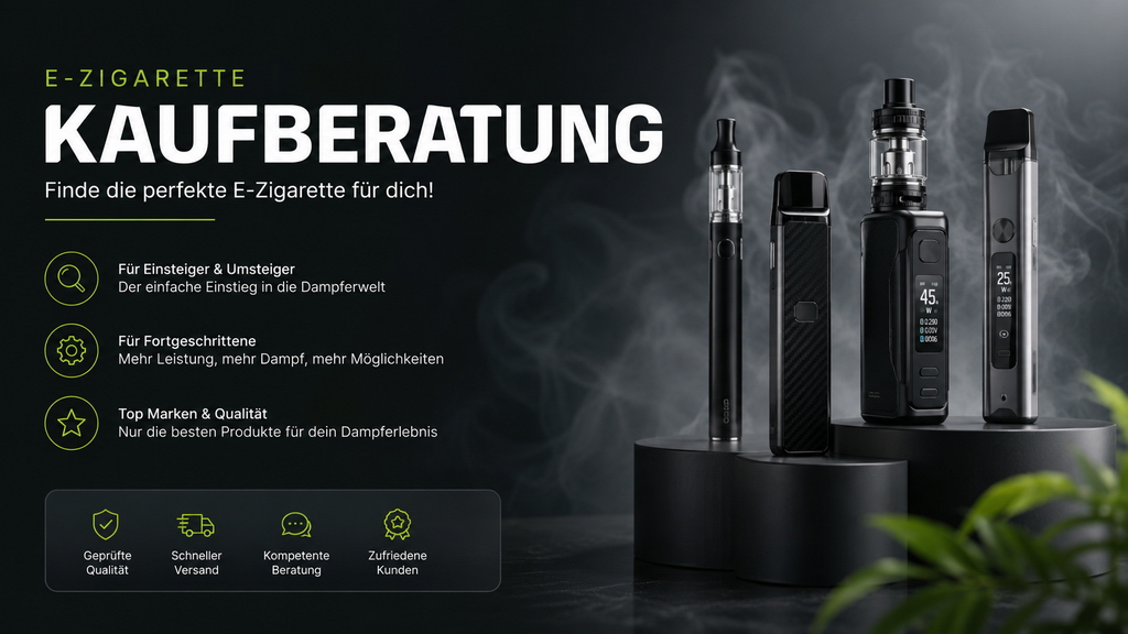 Einweg-Gerät, Cap-System, Pod-System und Akkuträger nebeneinander – die vier Bauarten im Überblick