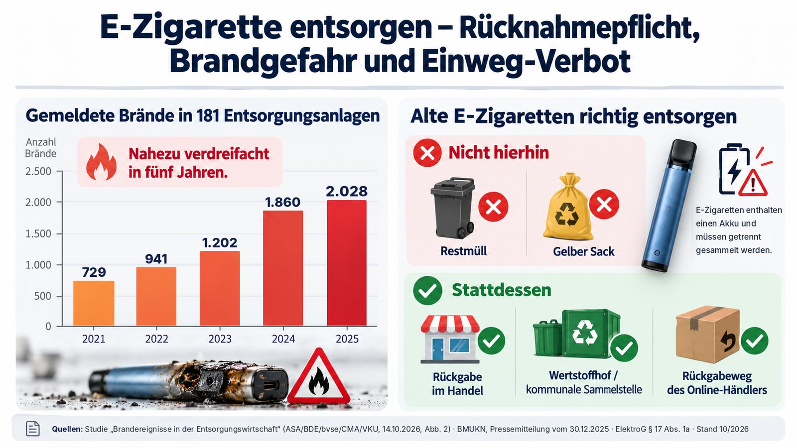 Infografik: Gemeldete Brände in 181 Entsorgungsanlagen stiegen von 729 im Jahr 2021 auf 2.028 im Jahr 2025; daneben eine Übersicht, dass alte E-Zigaretten nicht in Restmüll oder Gelben Sack gehören, sondern zur Rückgabe im Handel, zum Wertstoffhof oder zum Rückgabeweg des Online-Händlers