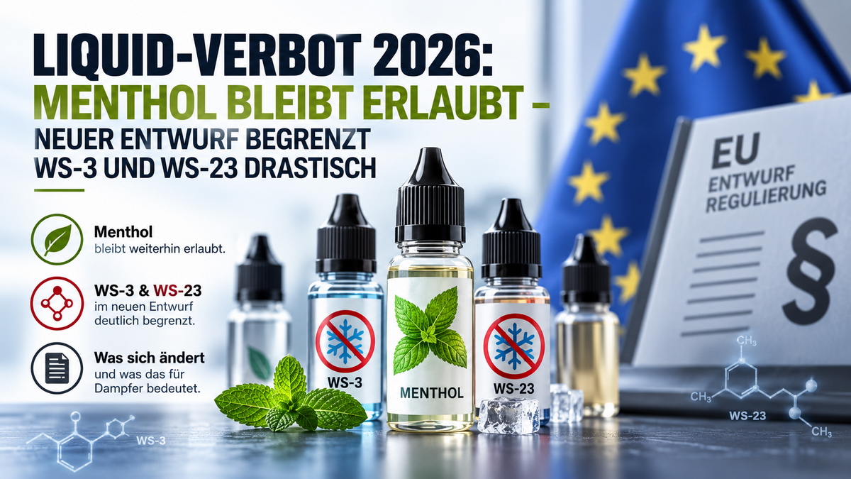 Grafik zum Liquid-Verbot 2026: Liquid-Flaschen mit Minzblatt-Etikett für Menthol sowie durchgestrichenen Kühl-Symbolen für WS-3 und WS-23, daneben Eiswürfel und ein Entwurfsdokument mit Paragrafenzeichen