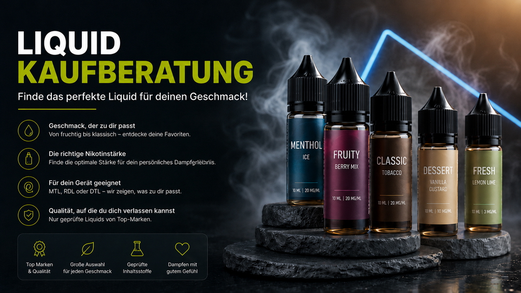 Fertige Liquids, Nikotinsalz-Liquids, Longfill-Aromen und Basen nebeneinander – die vier Liquid-Typen im Überblick