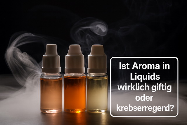 E-Liquid-Flaschen mit verschiedenen Aromen und aufsteigendem Dampf
