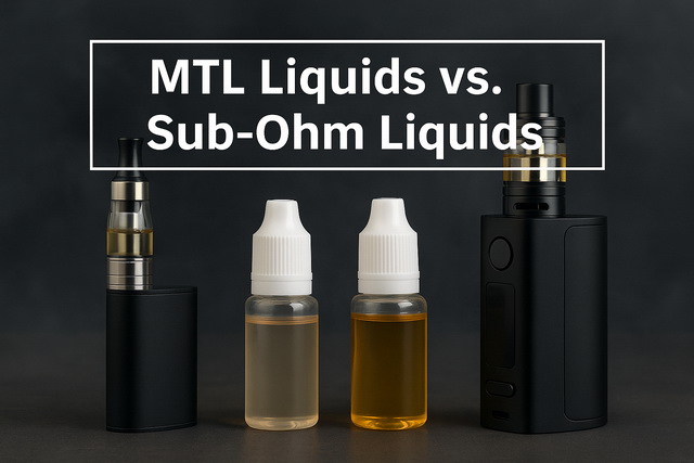 Zwei Flaschen E-Liquid nebeneinander – links dünnflüssiges MTL-Liquid, rechts dickflüssiges Sub-Ohm-Liquid