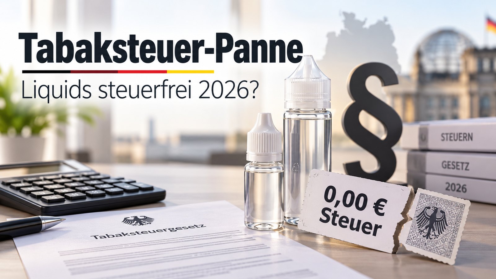 Liquidflaschen neben Paragrafenzeichen, Tabaksteuergesetz und Taschenrechner, davor ein eingerissenes Steuerzeichen mit „0,00 € Steuer“; Überschrift „Tabaksteuer-Panne – Liquids steuerfrei 2026?“